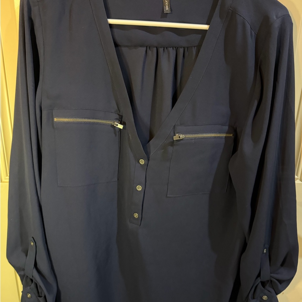Maurices Deep Blue V-Neck Blouse with Zipper Pockets